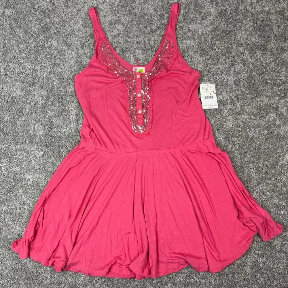 Free People Womens Medium Pink Mini Dress Tank Silk Cotton‎ Beaded Scoop Neck